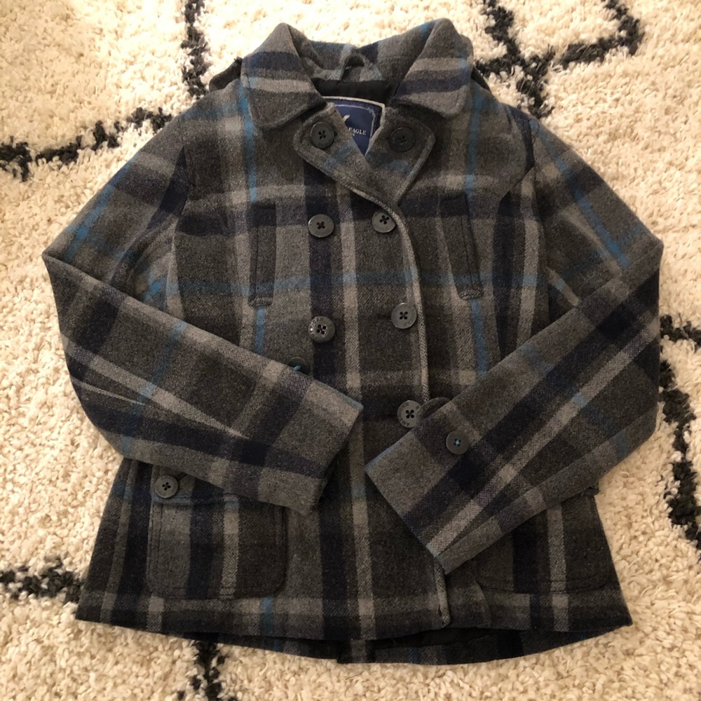 American Eagle gray wool plaid pea coat large